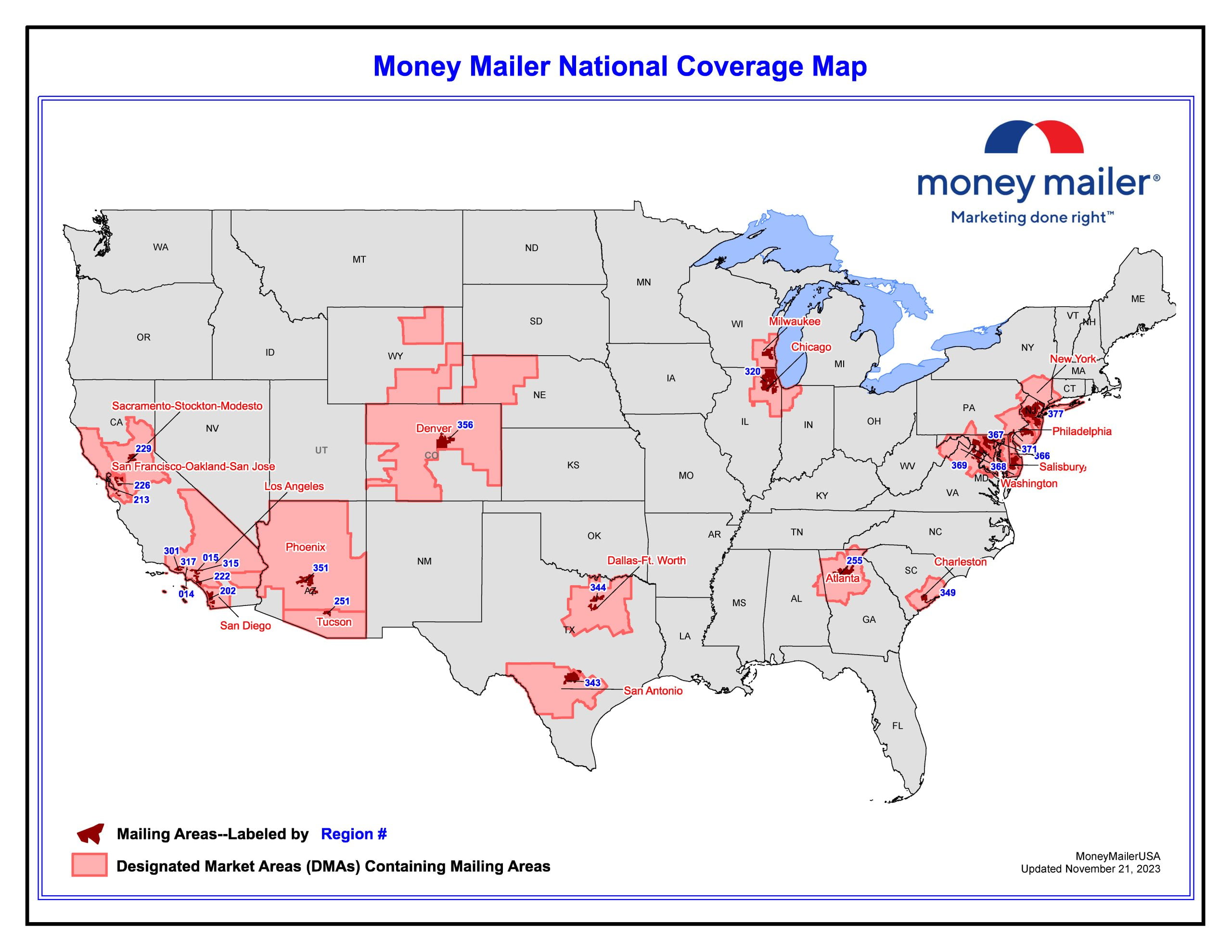 Map of US showing money mailer coverage